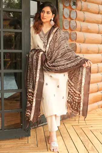 Cream khadi cotton kurti pant dupatta set