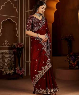 Maroon color satin silk saree with heavy jari embroidery work & designer blouse 4