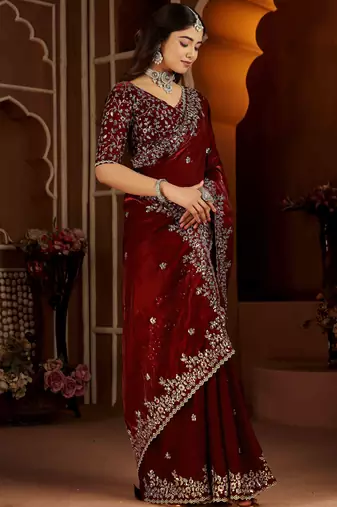 Maroon color satin silk saree with heavy jari embroidery work & designer blouse