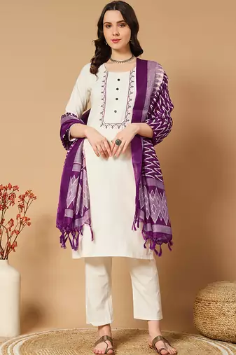 Cream khadi cotton kurti pant dupatta set