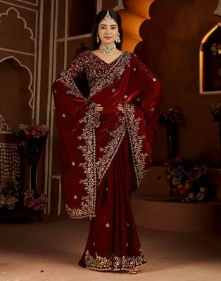Maroon color satin silk saree with heavy jari embroidery work & designer blouse 5