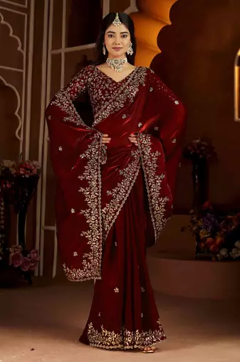 Maroon color satin silk saree with heavy jari embroidery work & designer blouse