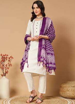 Cream khadi cotton kurti pant dupatta set 3