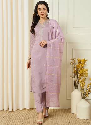 Lavender roman silk kurti pant dupatta set 1