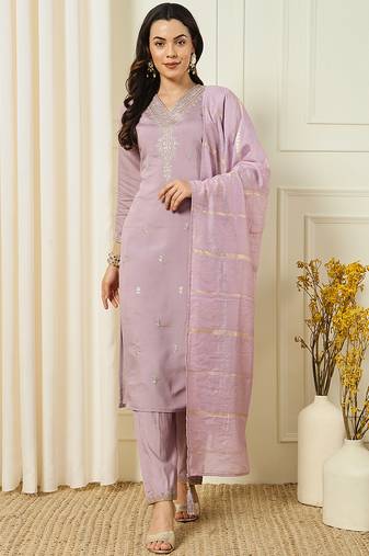 Lavender roman silk kurti pant dupatta set