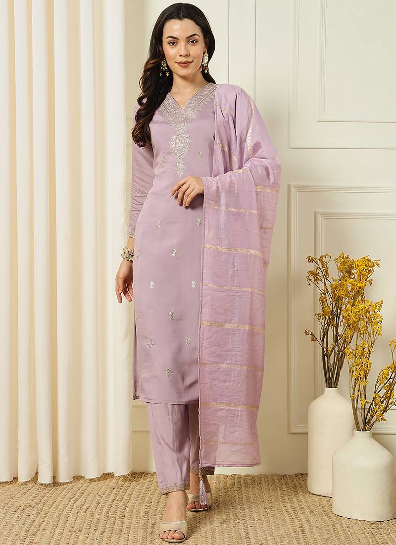 Lavender roman silk kurti pant dupatta set