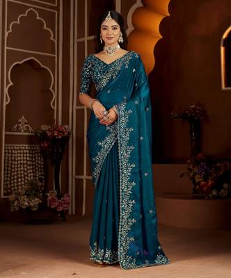 Rama color satin silk saree with heavy jari embroidery work & designer blouse 1