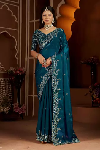 Rama color satin silk saree with heavy jari embroidery work & designer blouse
