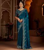 Rama color satin silk saree with heavy jari embroidery work & designer blouse