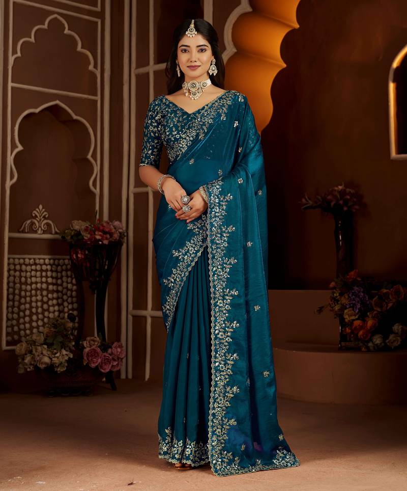 Rama color satin silk saree with heavy jari embroidery work & designer blouse