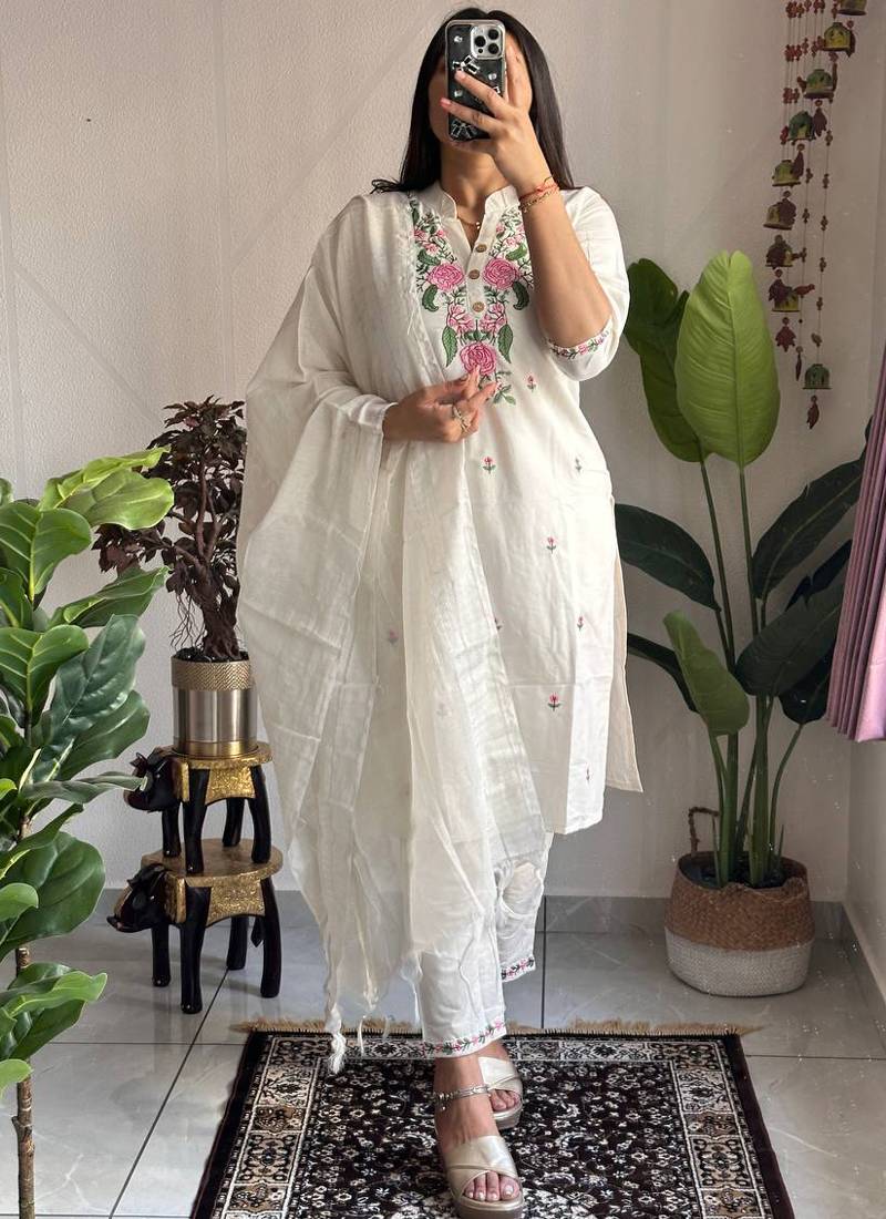 White khadi cotton kurti pant dupatta set