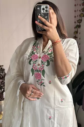 White khadi cotton kurti pant dupatta set