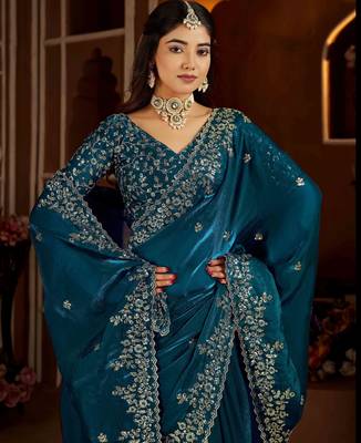 Rama color satin silk saree with heavy jari embroidery work & designer blouse 3