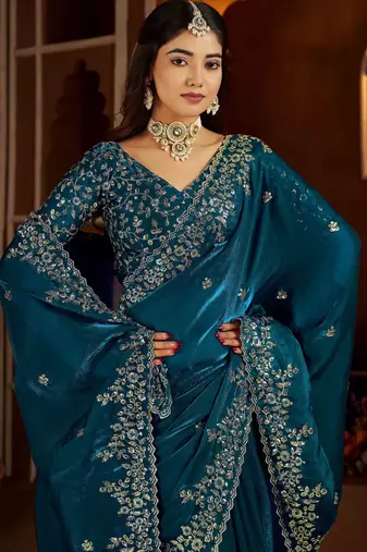 Rama color satin silk saree with heavy jari embroidery work & designer blouse