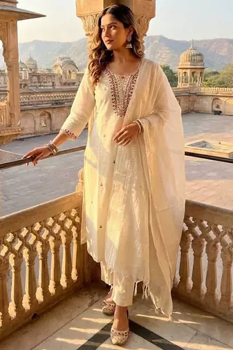 Cream khadi cotton kurti pant dupatta set