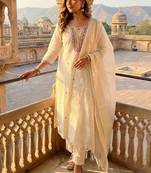 Cream khadi cotton kurti pant dupatta set