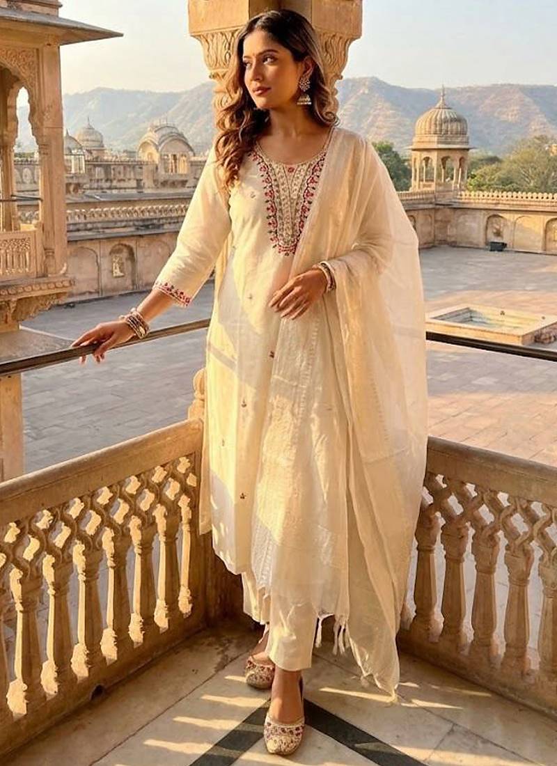 Cream khadi cotton kurti pant dupatta set