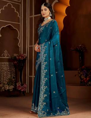 Rama color satin silk saree with heavy jari embroidery work & designer blouse 4