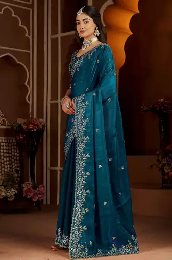 Rama color satin silk saree with heavy jari embroidery work & designer blouse