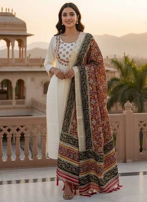 Cream khadi cotton kurti pant dupatta set 1