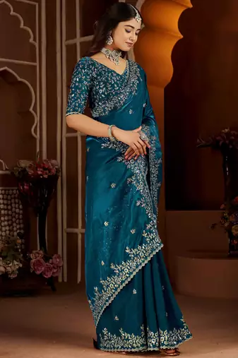 Rama color satin silk saree with heavy jari embroidery work & designer blouse