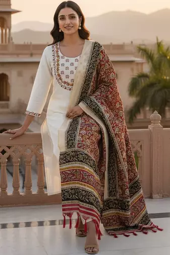 Cream khadi cotton kurti pant dupatta set