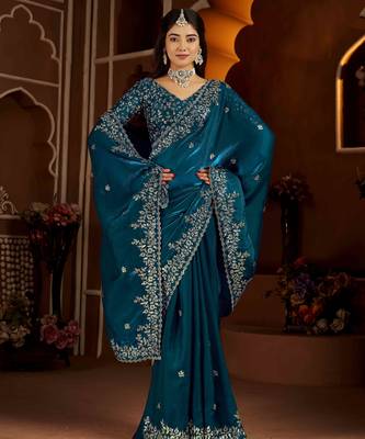 Rama color satin silk saree with heavy jari embroidery work & designer blouse 6