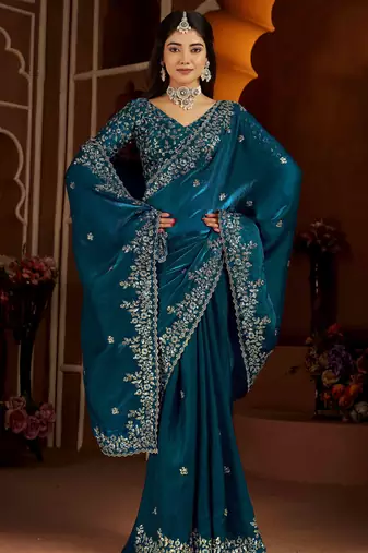 Rama color satin silk saree with heavy jari embroidery work & designer blouse
