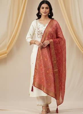 Cream roman silk kurti pant dupatta set 1