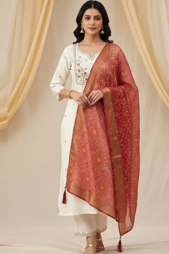 Cream roman silk kurti pant dupatta set