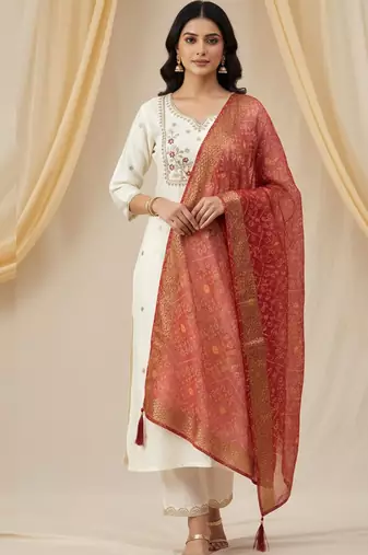 Cream roman silk kurti pant dupatta set