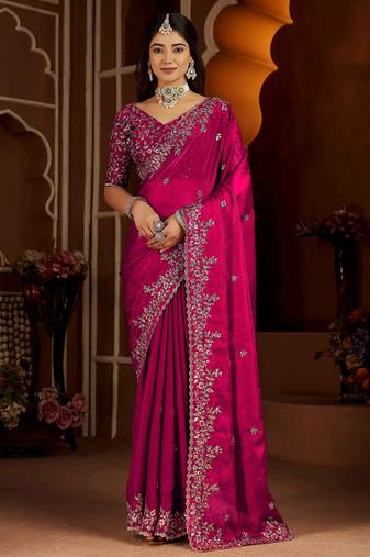 Rani color satin silk saree with heavy jari embroidery work & designer blouse