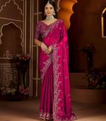 Rani color satin silk saree with heavy jari embroidery work & designer blouse