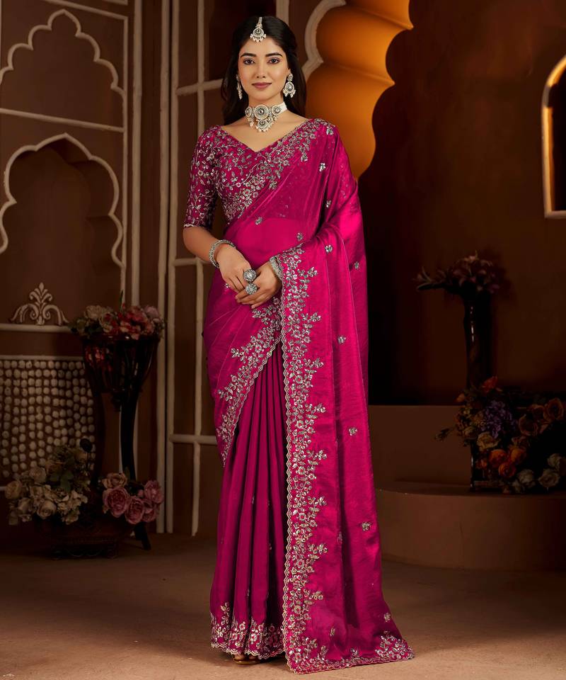 Rani color satin silk saree with heavy jari embroidery work & designer blouse