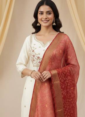 Cream roman silk kurti pant dupatta set 3