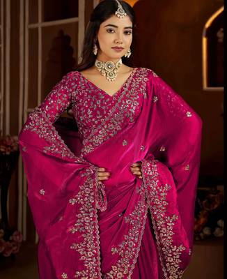 Rani color satin silk saree with heavy jari embroidery work & designer blouse 3