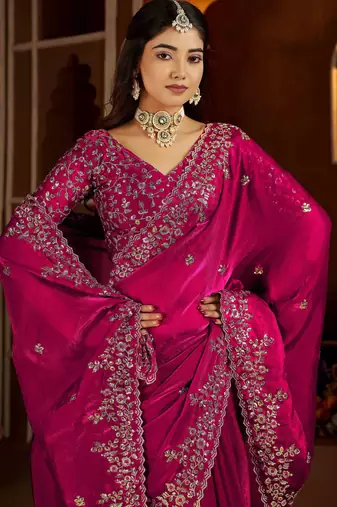 Rani color satin silk saree with heavy jari embroidery work & designer blouse