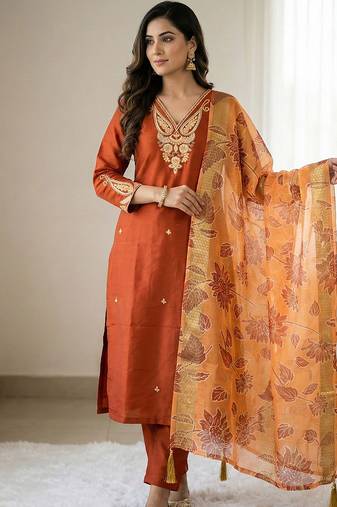 Orange roman silk kurti pant dupatta set