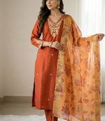 Orange roman silk kurti pant dupatta set