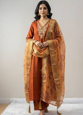Orange roman silk kurti pant dupatta set 2
