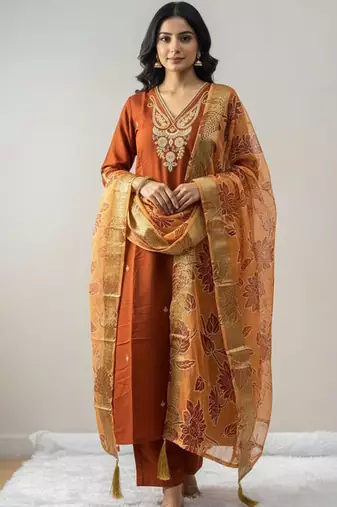 Orange roman silk kurti pant dupatta set