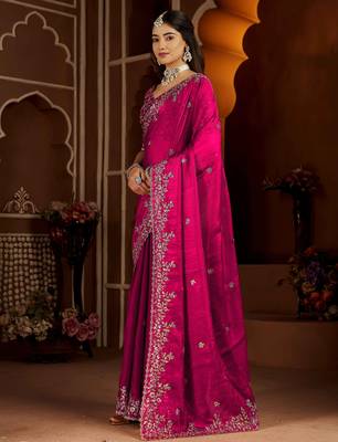 Rani color satin silk saree with heavy jari embroidery work & designer blouse 4