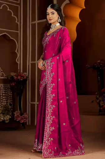 Rani color satin silk saree with heavy jari embroidery work & designer blouse