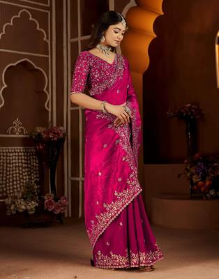 Rani color satin silk saree with heavy jari embroidery work & designer blouse 5