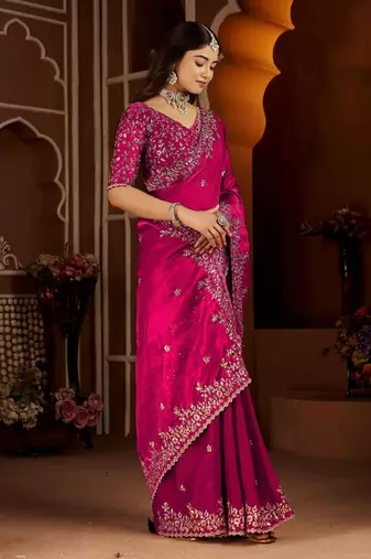 Rani color satin silk saree with heavy jari embroidery work & designer blouse