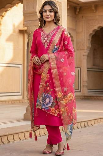 Pink roman silk kurti pant dupatta set