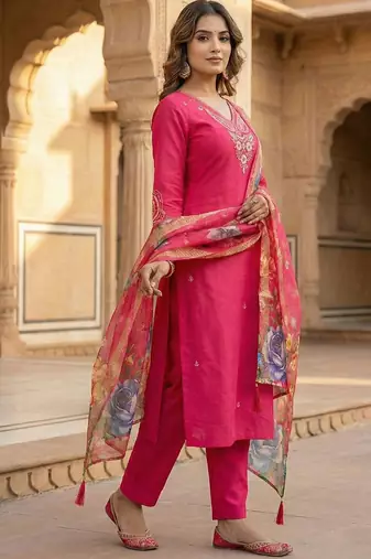 Pink roman silk kurti pant dupatta set