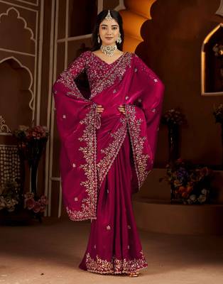 Rani color satin silk saree with heavy jari embroidery work & designer blouse 6