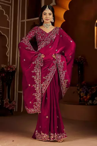 Rani color satin silk saree with heavy jari embroidery work & designer blouse