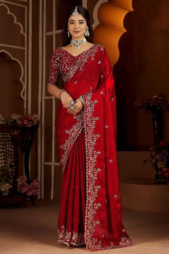 Red color satin silk saree with heavy jari embroidery work & designer blouse